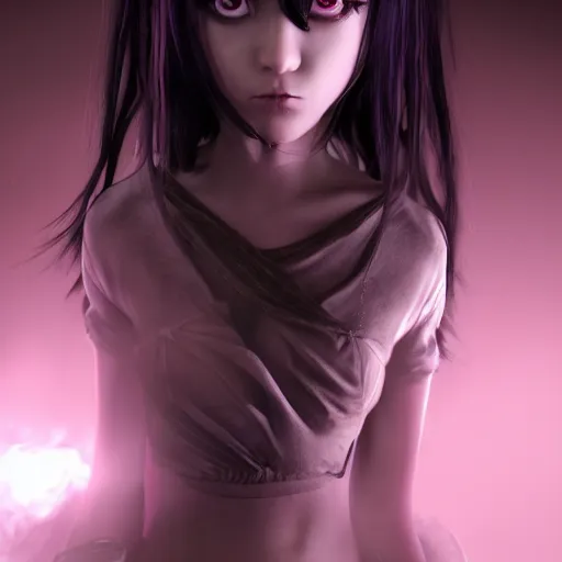 Image similar to photorealistic full shot portrait of angry darkness anime girl, inspired by tim burton, detailed, unreal engine 4 k, volumetric light, fog