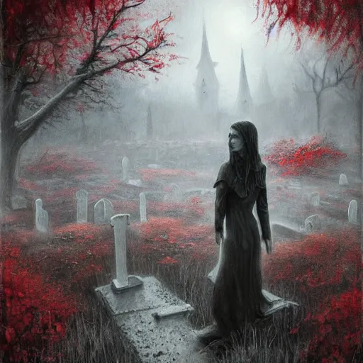 Prompt: a painting of a woman standing in a graveyard, an ultrafine detailed painting by seb mckinnon, featured on cgsociety, gothic art, darksynth, dark and mysterious, ominous vibe, red leaves on the ground