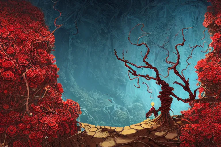 Prompt: broken arches leading to the pillars of eternity draped with red flowers and vines, blue sky, lens flare, a sense of mystery, ultra detailed, intricate, sharp focus, cartoon illustration by Alex Pardee and Nekro and Petros Afshar and James McDermott, 8K