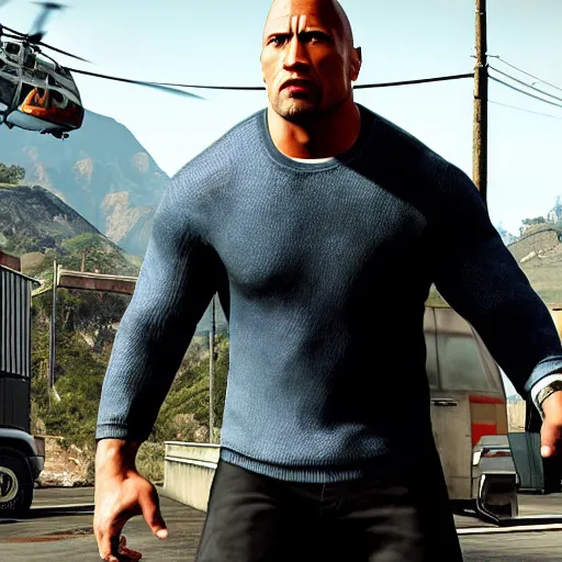 Image similar to a photo of Dwayne Johnson as a GTA 5 cutscene effect,