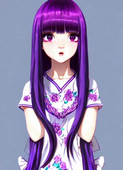 Image similar to full body illustration of an ulzzang korean girl purple hair with hime cut bangs, head slightly tilted, wearing an ornate cheongsam, ilya kuvshinov, anime, pixiv top monthly, trending on artstation, cinematic, danbooru, zerochan art, kyoto animation