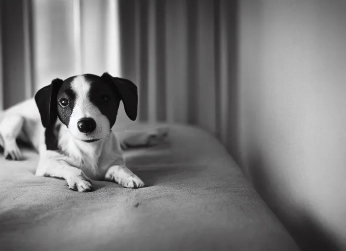 Image similar to photography of a Jack Russel . watching outside the window. on a bed. in a 70's room full of vinyls and posters, photorealistic, award winning photo, 100mm, sharp, high res