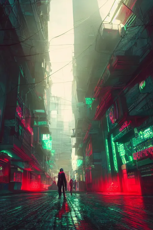 Image similar to City of Horror, glowing red-green fluorescence, cyberpunk, shawl streets, virtual engine, HD, high detail