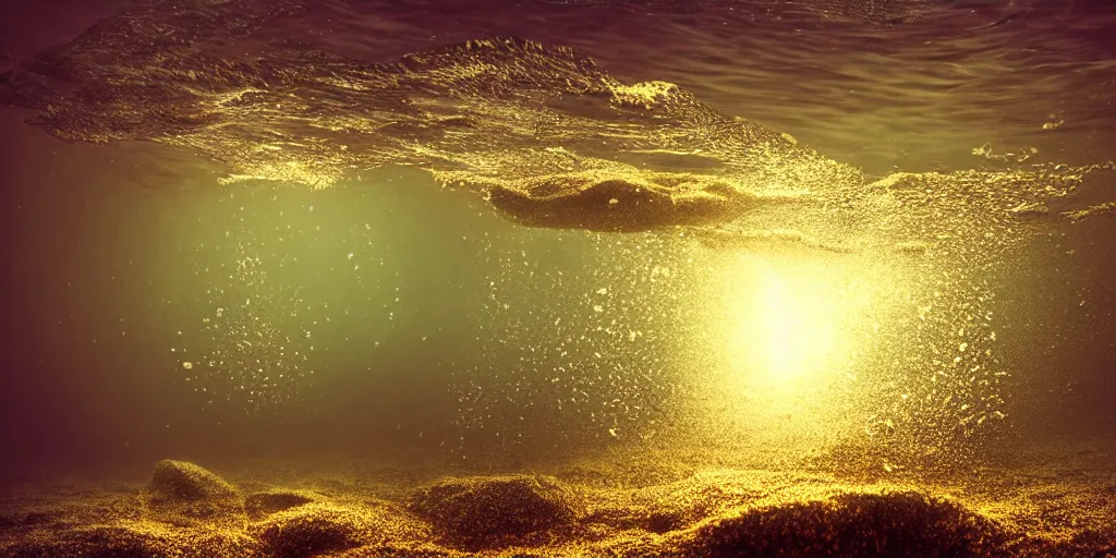 Prompt: underwater beach with palmtrees seaweed air bubbles, golden hour, caustics, shallow depth of field, moody lighting, 8 k, concept art,