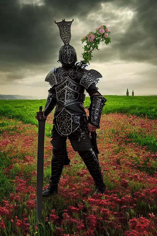 Image similar to hyperrealistic neo - gothic cinematic monster with armor holding sword in a field of flowers, highly detailed smooth digital art masterpiece, vitaly bulgarov dramatic low light, ground angle uhd 8 k, sharp focus