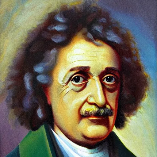 Image similar to oil painting portrait of the lovechild of Isaac Newton and Albert Einstein