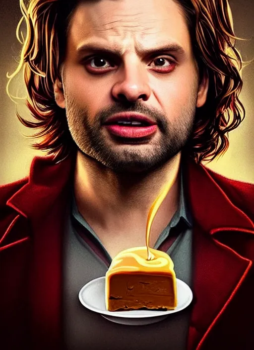 Prompt: highly detailed comedy caper movie poster with flan pudding faced sebastian stan as a sentient flan pudding, sebastian stan face spliced with wibbly wobbly flan pudding hybrid humanoid by greg rutkowski, masterpiece, 1 0 / 1 0