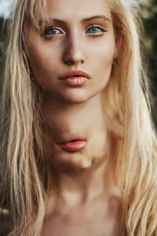 Image similar to photograph of a vintage photo of an olive skinned blonde female model in her twenties, pinned up hair, wearing a designer top, looking content, focused on her neck, photo realistic, extreme detail skin, natural beauty, no filter, slr, golden hour, 4 k, high definition, selfie