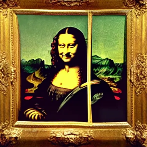 Prompt: a photo of Monalisa while painting a portrait of Leonardo Da Vinci,