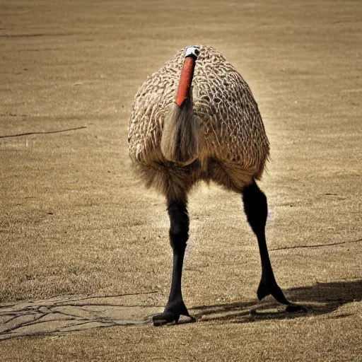 Prompt: sony a 7 s photo wide shot ground level an ostrich smoking a cigarette