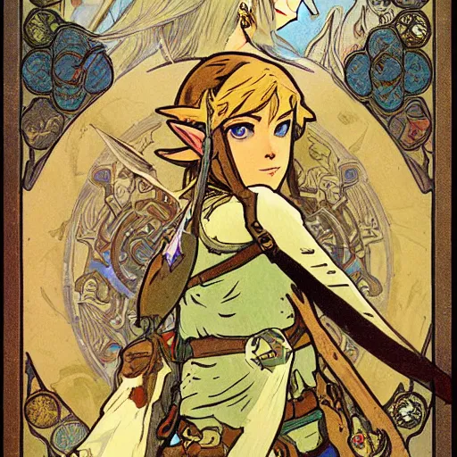 Image similar to a painting of the legend of zelda : breath of the wild by mucha