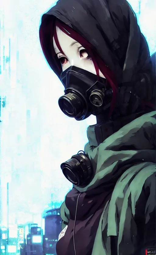 Image similar to cyberpunk anime girl in hoodie, cyberpunk gas mask, potrait, street night, grafity, beautiful face, grafity, arcane, action, tokyo street, detail, good face, pose model, concept art, in style of yoji shinkawa, pan ren wei, col price, atey ghailan, by greg rutkowski, aesthetic