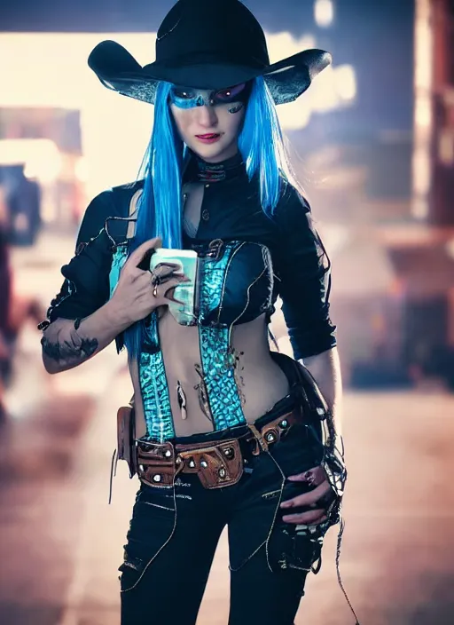 Image similar to full body photograph of a cyberpunk cowgirl beautiful face, intricate clothing, cinematic