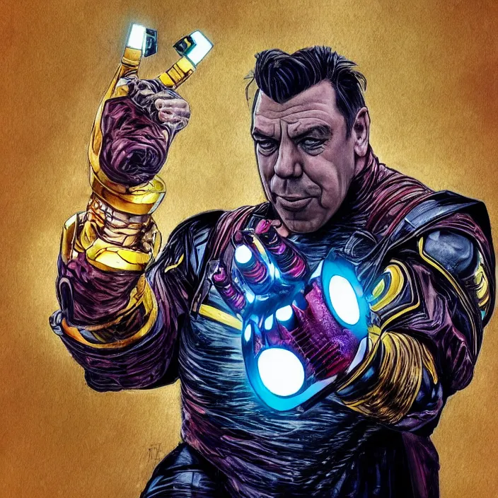 Image similar to portrait of till Lindemann, wearing The Infinity Gauntlet. Caricature artwork. trending on artstation, very coherent symmetrical artwork. avengers. thanos. cinematic, hyper realism, high detail, newspaper illustration, iridescent accents