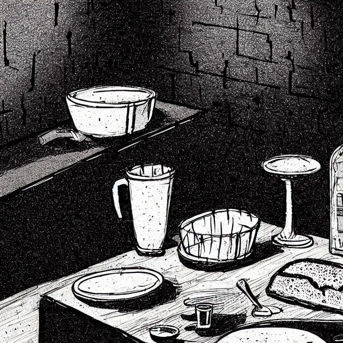 Prompt: extreme close - up on a table : poor quality bread, water, and gruel. background : black tiles on walls. black and white, pencil and ink. by gabriel hardman, joe alves, chris bonura. cinematic atmosphere, detailed and intricate, perfect anatomy