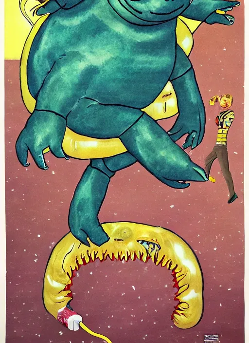 Prompt: giant tardigrade retro japanese monster slimy harness, poster, painting, 7 0 s vintage art