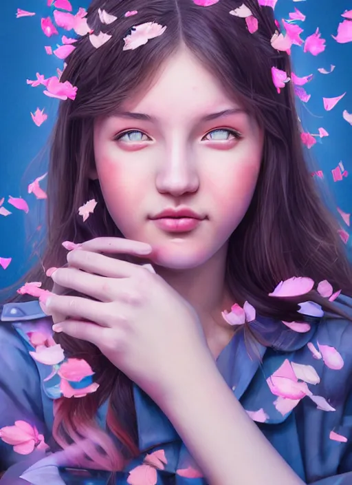 Prompt: wendys restaurant girl covered in translucent blue and pink leaf and petals in the style of stefan kostic, cute - fine - face, dasha taran, backlit, refracted lighting, elegant, half body shot, 8 k, insanely detailed, intricate, art by stanley lau, artgerm, wlop, kuvshinov ilya,