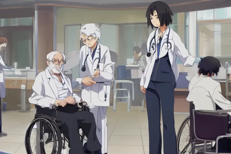 Image similar to a cute young female doctor wearing white coat are serving an old man in a wheelchair in a hospital, slice of life anime, lighting, anime scenery by Makoto shinkai