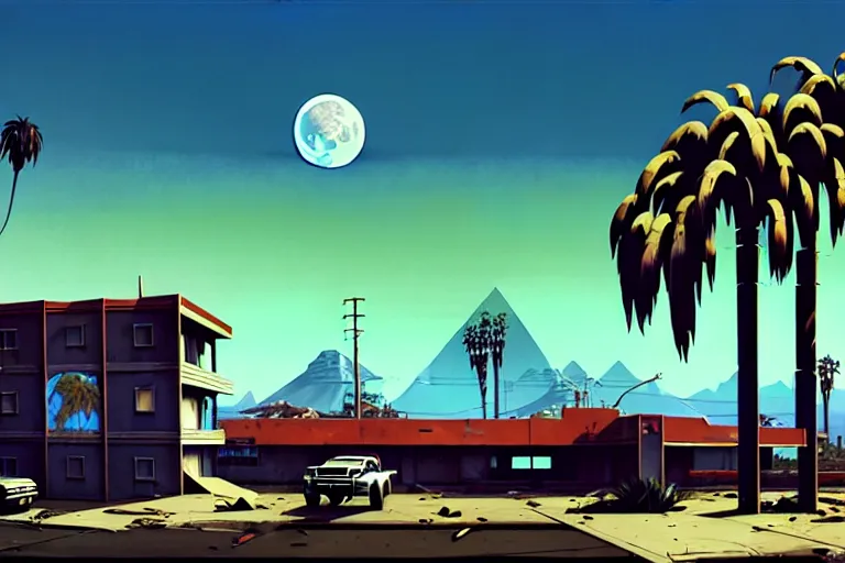 Image similar to broken robot | abandoned motel | palm trees | snowy mountains | moon in sky, painting by syd mead and weta studio and greg rutkowski and james jean and frank frazetta, gta san - andreas game screenshot, highly detailed, rule of third, soft lighting, architectural magazine, insanely intricate details, artstation trending, hypermaximalistic, high details, cinematic