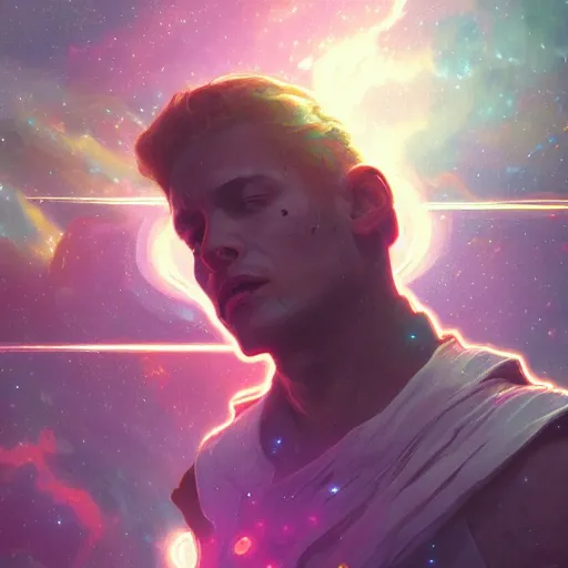 Prompt: digital painting of a man ascending to galactical bliss, stars and nebulas behind, dynamic lighting, cinematic shot, concept art, sci - fi, fantasy, artstation, alphonse mucha, greg rutkowski