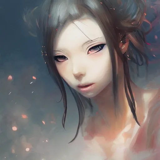 Image similar to anime girl a mouth a bit open, two eyes half closed and half a smile on her soul makes a beautiful portrait on the wall. by artgerm, alina ivanchenko, ruan jia and mandy jurgens