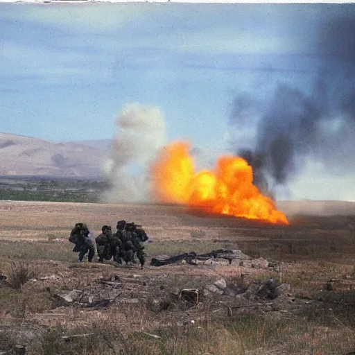 Prompt: Military battle, big explosions in the background, Lake California, Battlefield, war-torn landscape, fire, USAF Bombers, military, Battlezone