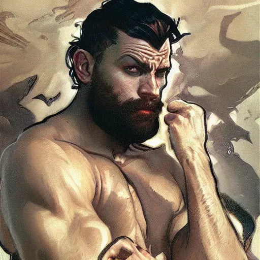 Image similar to portrait of depressed gigachad, male, muscular, handsome D&D, concept art, art by Greg Rutkowski and Alphonse Mucha