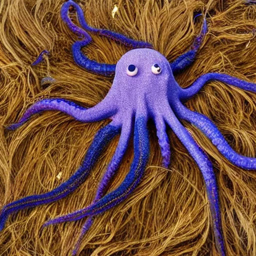 Prompt: an octopus covered in long shaggy hair