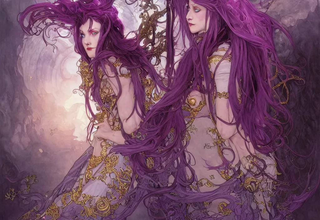 Image similar to vampire with purple hair in armor, highly detailed, very intricate, art nouveau, gold filigree, romantic storybook fantasy, soft cinematic lighting, award - winning, disney concept art watercolor illustration by mandy jurgens and alphonse mucha and alena aenami, pastel color palette, featured on artstation