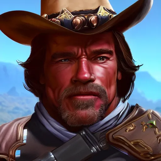 Prompt: a screenshot of arnold schwarzenegger as mccree in overwatch, portrait, fantasy, beautiful face, vivid colors, elegant, concept art, sharp focus, digital art, hyper - realistic, 4 k, unreal engine, highly detailed, hd, dramatic lighting by brom, trending on artstation