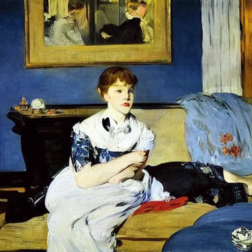 Image similar to a modern woman in a living room, Edouard Manet, painting,