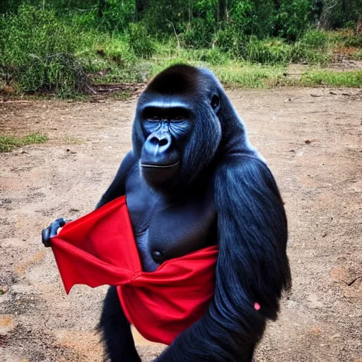 Prompt: photo of a gorilla wearing a red bandana