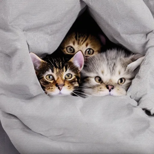 Image similar to a highly detailed photo of multiple furry cats inside a big sack, gray background, studio lighting, 4 k, 8 k