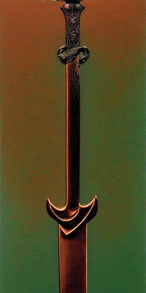 Image similar to a curved sword in the style of zdzisław beksinski, elegant, copper and emerald inlay, brilliant