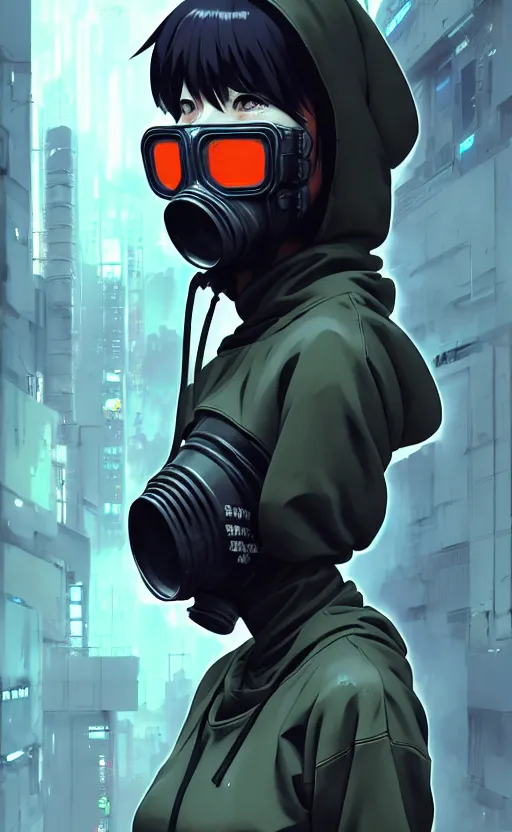 Image similar to cyberpunk anime girl in hoodie, cyberpunk gas mask, potrait, street night, grafity, beautiful face, grafity, arcane, action, tokyo street, detail, good face, pose model, concept art, in style of yoji shinkawa, pan ren wei, col price, atey ghailan, by greg rutkowski, aesthetic