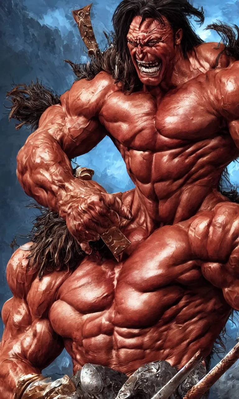 Image similar to hyper realistic digital painting of arnold swartzeneger as hyper muscular conan the digital slayer by simon bisley, dale keown and greg rutkowski, vivid color scheme, unreal engine 5