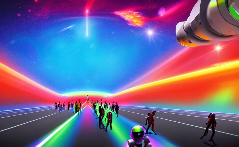 Prompt: crowd of humans and robots running from earth to mars on a rainbow bridge, ultra hd, neon colors