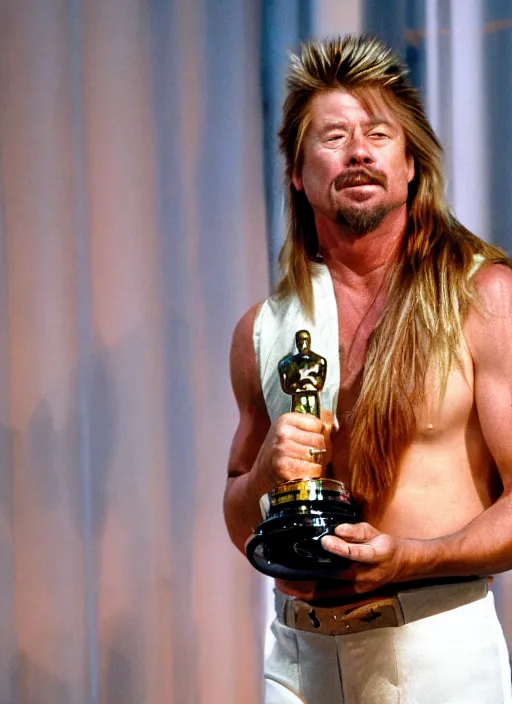 Prompt: a hyper realistic ultra realistic photograph of Joe Dirt winning an oscar, highly detailed, 8k photograph, real