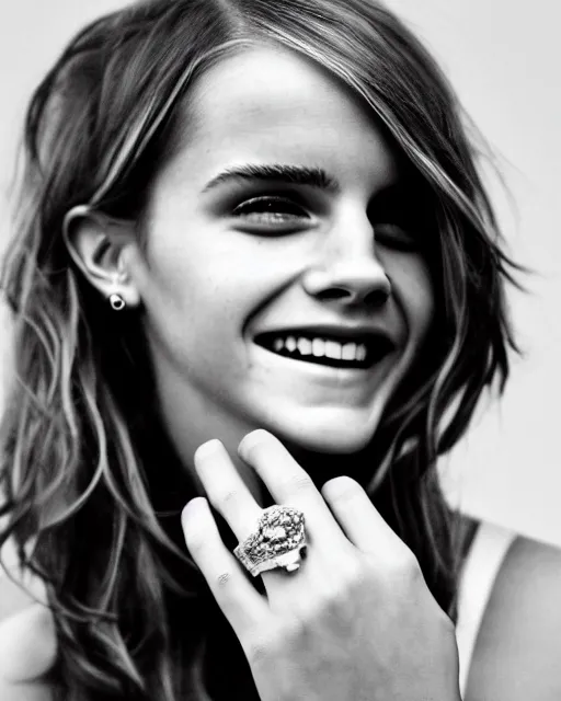 Image similar to A photo of laugh emma watson. she has wedding ring on his fingers. 50 mm. perfect ring. award winning photography