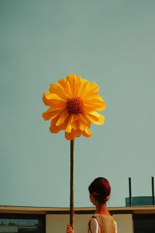 Image similar to giant flower head, frontal, girl standing in mid century hotel, surreal, symmetry, bright colors, cinematic, wes anderson