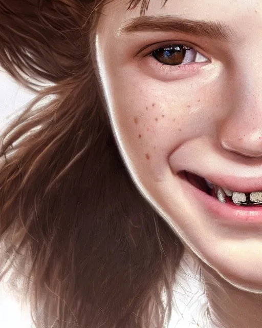 Image similar to close up portrait of 1 5 - year - old girl, smile with large front teeth, hermione granger, very bushy brown hair, and very bright brown eyes, wearing white shirt, hyper realistic face, beautiful eyes, character art, art by mark brooks, hyperdetailed, cryengine, trending on artstation, digital art