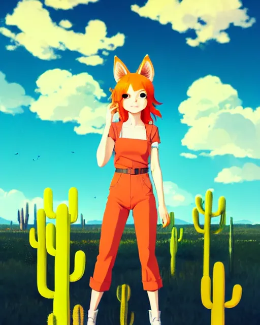 Image similar to portrait of cute redhead foxgirl in orange jumpsuit with fox ears by ilya kuvshinov, holding a cactus, cloudy sky background lush landscape illustration concept art anime key visual trending pixiv fanbox by wlop and greg rutkowski and makoto shinkai and studio ghibli