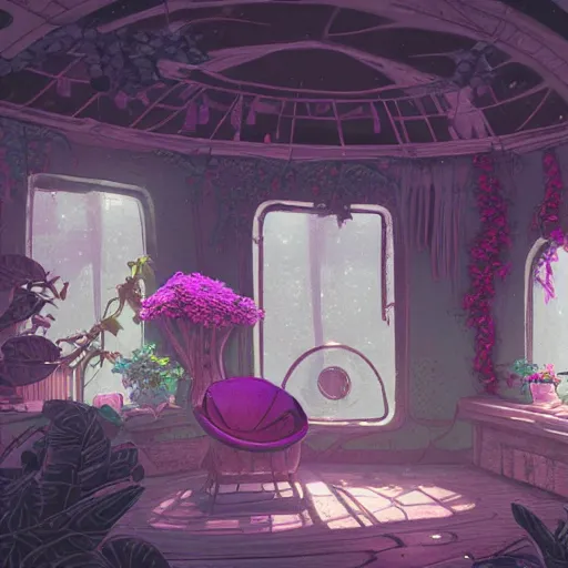 Prompt: concept art painting of a interior of a cozy alien fantasy cottage, with black vines and magenta houseplants, round windows, realistic, detailed, cel shaded, dark, in the style of makoto shinkai and greg rutkowski and james gurney