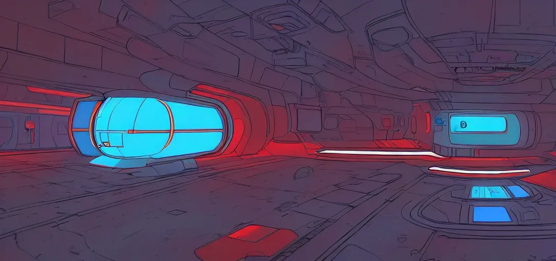 Prompt: “A capsule-shaped spaceship inside a dark room, on each side of the wall there are empty capsules, the capsules glow with a blue and red light, the room is very long and reaches to the horizon.**,** in the graphic style of Patrick Gleason, detailed art, artstation, comic art ”