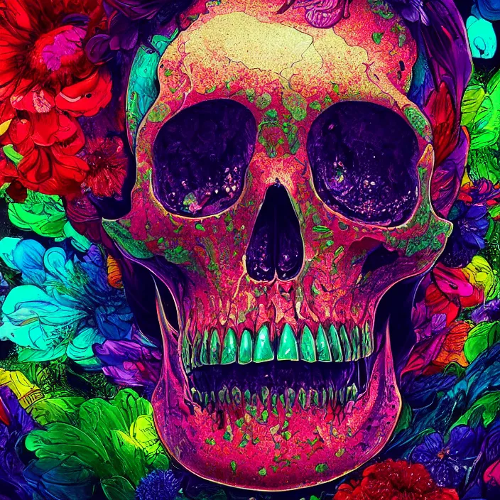 Image similar to illustration of a colorfull melting human skull. flowers and blossoms, ferrofluids, burning water distortions. intricate abstract. intricate artwork. by Tooth Wu, wlop, beeple, dan mumford. octane render, trending on artstation, greg rutkowski very coherent symmetrical artwork. cinematic, hyper realism, high detail, octane render, 8k, depth of field, bokeh. iridescent accents