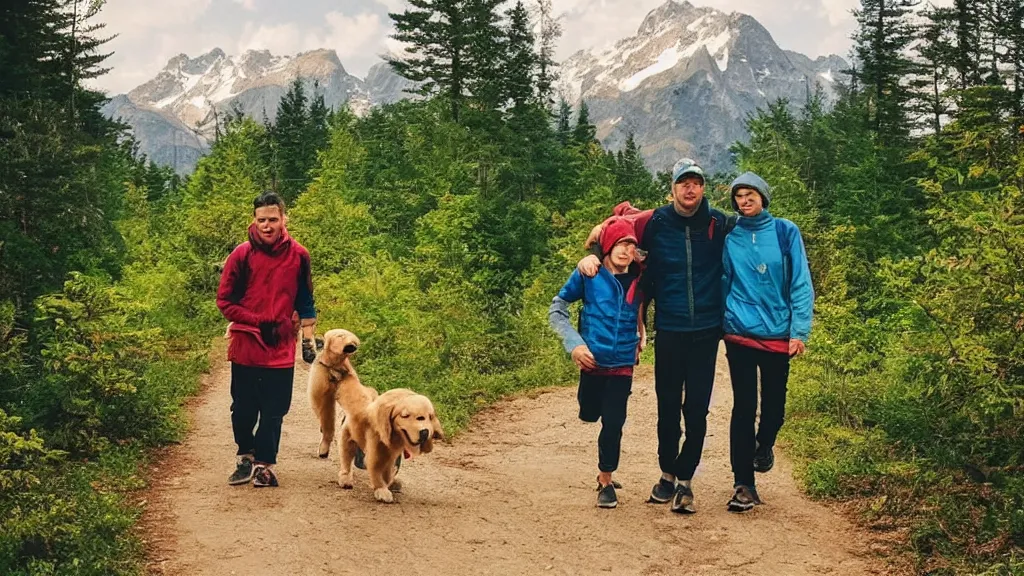 Image similar to “ one young boy in the middle of his parents, walk on a trail in forest, one golden retriever running happily, mountains in the background, highly detailed ”