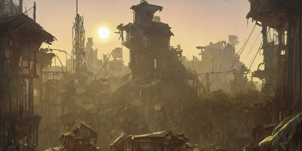 Prompt: decrepit house with legs, city is pure wasteland, sunset in background, detailed characters, alphonse mucha, greg rutkowski, trending on artstation, artgerm, breathtaking, sharp focus, smooth, mark arian, award winning, highly detailed 4 k art
