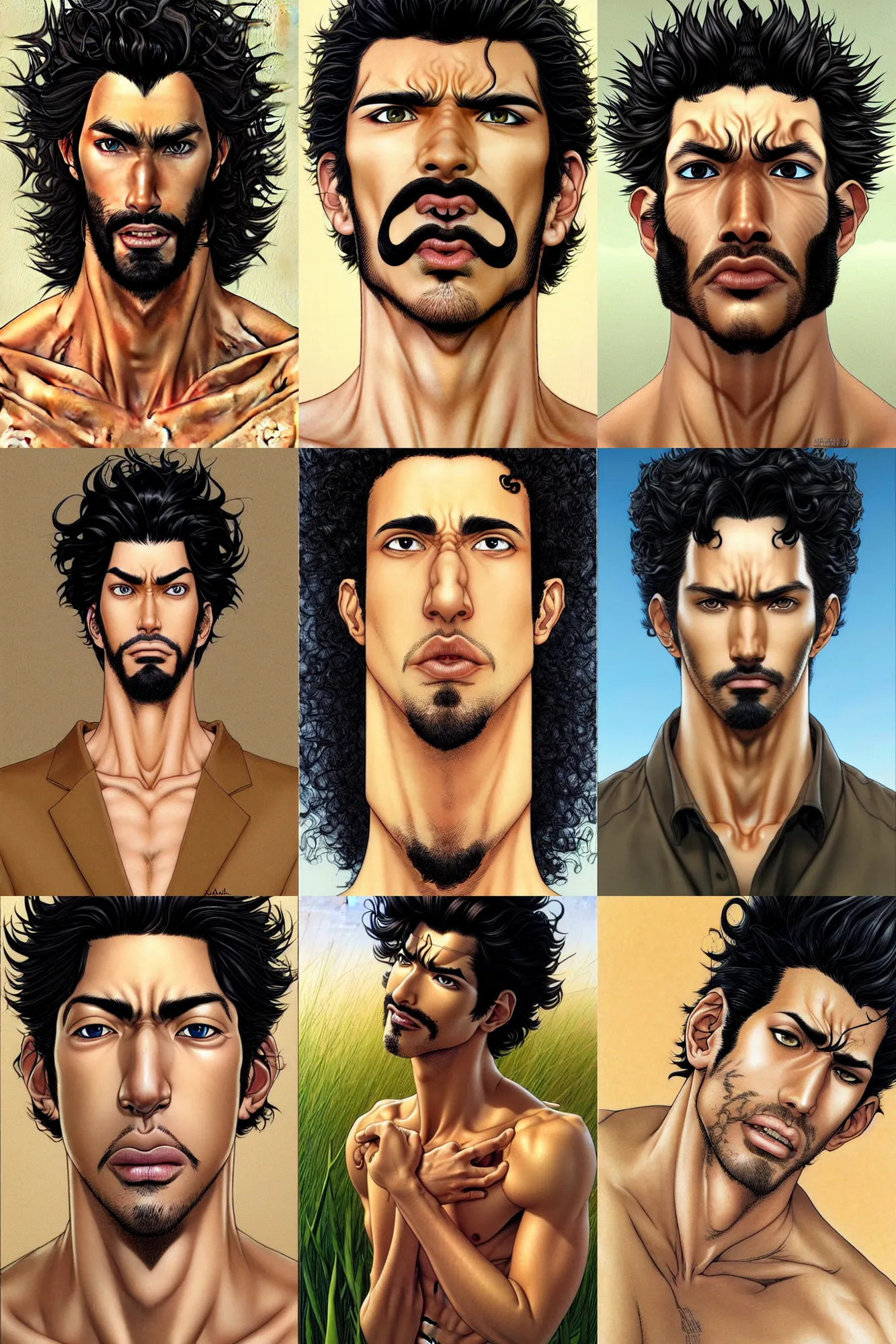 Prompt: handsome!! hyper realistic man with curly black hair, tan skin, grassy colored iris ', anchor goatee | art by hirohiko araki & jean giraud & artgerm