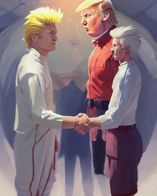 Image similar to donald trump and san goku facing each other off dressed in spaceship pilot dresses shaking hands, portrait, illustration, rim light, top light, perfectly shaded, spring time, slight overcast lighting, soft painting, art by krenz cushart and wenjun lin