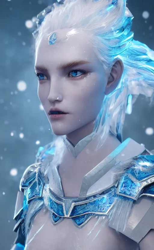 Image similar to ice goddess with beautiful face with a glowing blue crystal on her forehead, frosty white eyes, winter mist around her, white plated armor, pale skin, white smoke, photorealism, octane render, frostbite, 8 k, cinematic, 3 5 mm